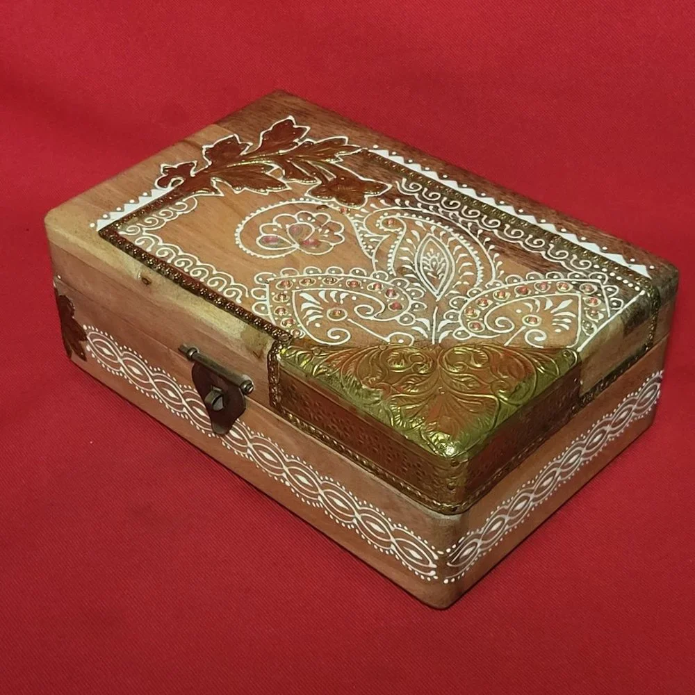 VTG Wooden Jewelry Keepsake Trinket Box White Gold Floral Design